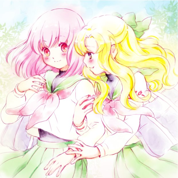 2girls, arm_up, bad_id, bag, bangs, black_shirt, blonde_hair, blue_sky