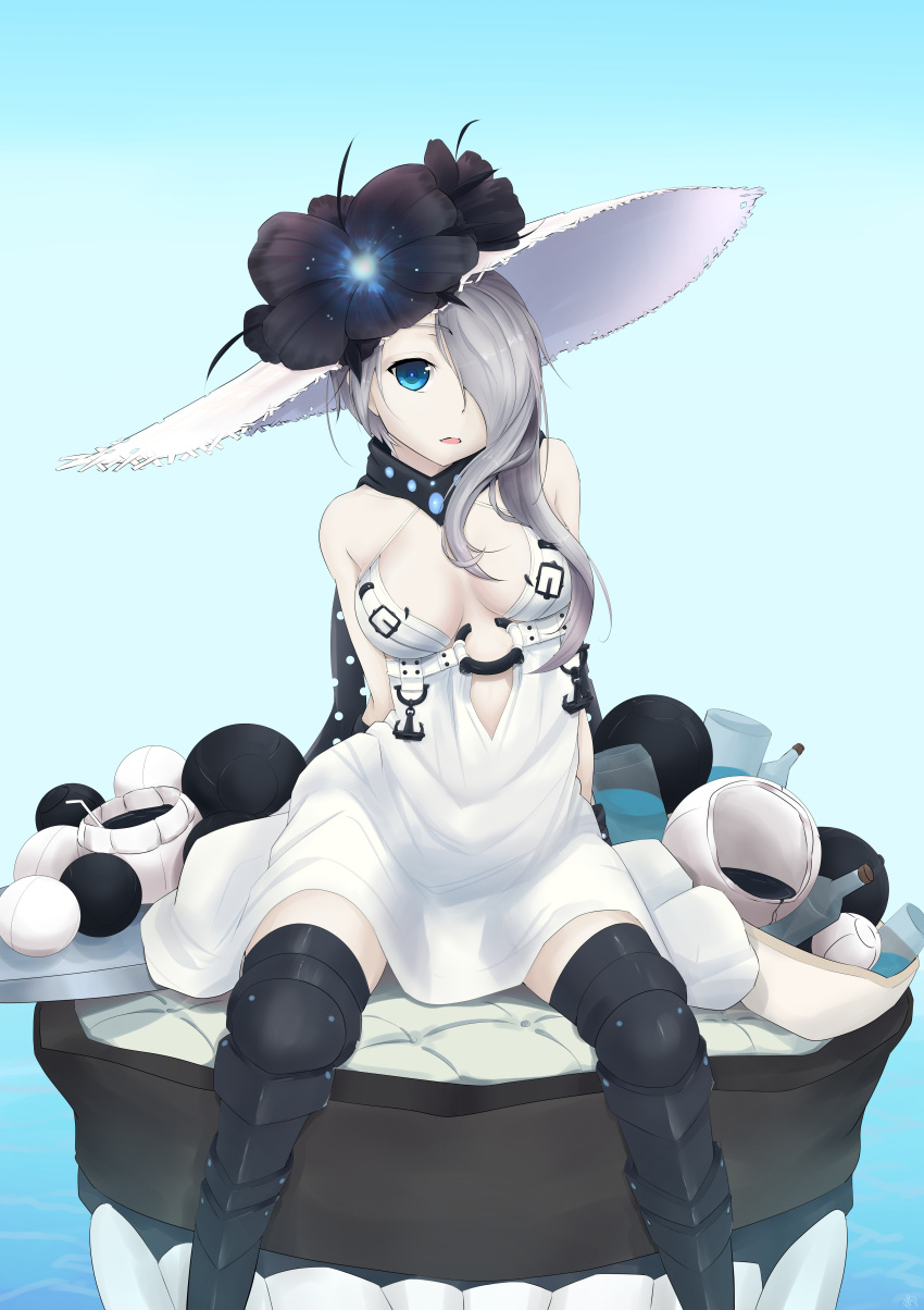 1girl, absurdres, armor, armored_boots, blue_eyes, boots, breasts, cleavage, dress, flower, hair_over_one_eye, hat, hat_flower, highres, kantai_collection, large_breasts, long_hair, looking_at_viewer, open_mouth, scwibbles, seaport_summer_hime, shinkaisei-kan, sitting, solo, sun_hat, thigh-highs, thigh_boots, white_dress, white_hair, white_hat, white_skin