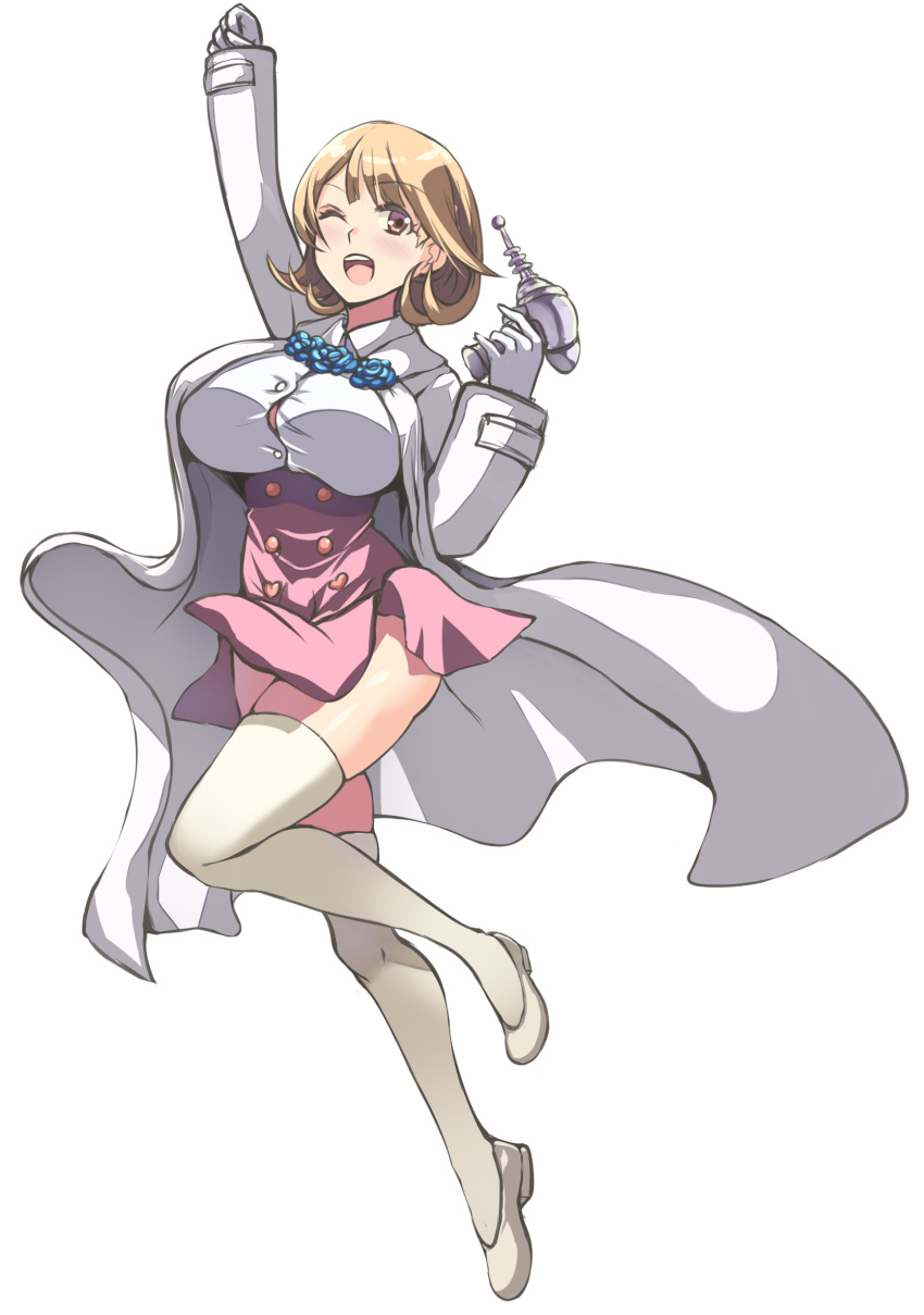 a-na, absurdres, arm_up, breasts, brown_eyes, brown_hair, energy_gun, gloves