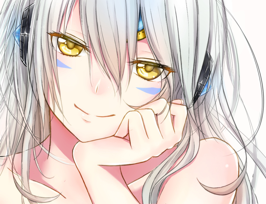 1girl, bare_shoulders, chin_rest, closed_mouth, collarbone, elsword, eve_(elsword), facial_mark, forehead_jewel, head_tilt, headgear, long_hair, looking_at_viewer, moyashi_(rina), portrait, silver_hair, simple_background, smile, solo, white_background, yellow_eyes