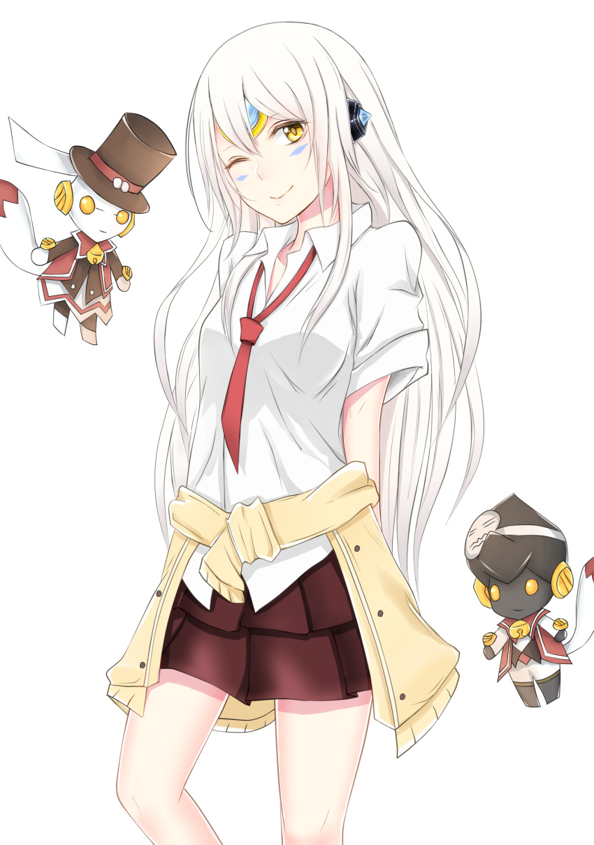 1girl, ;), arms_behind_back, breasts, brown_skirt, closed_mouth, clothes_around_waist, collared_shirt