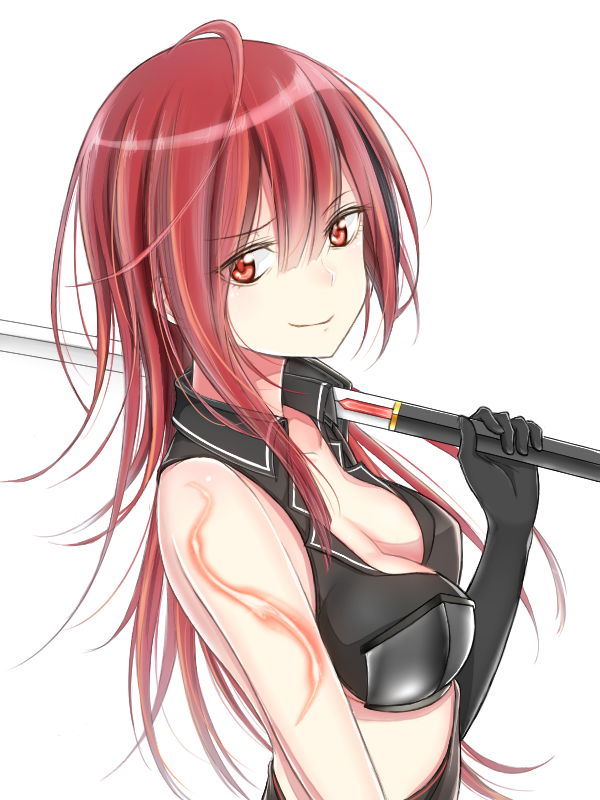 1girl, black_gloves, blazing_heart_(elsword), breasts, cleavage, closed_mouth, collarbone, crop_top
