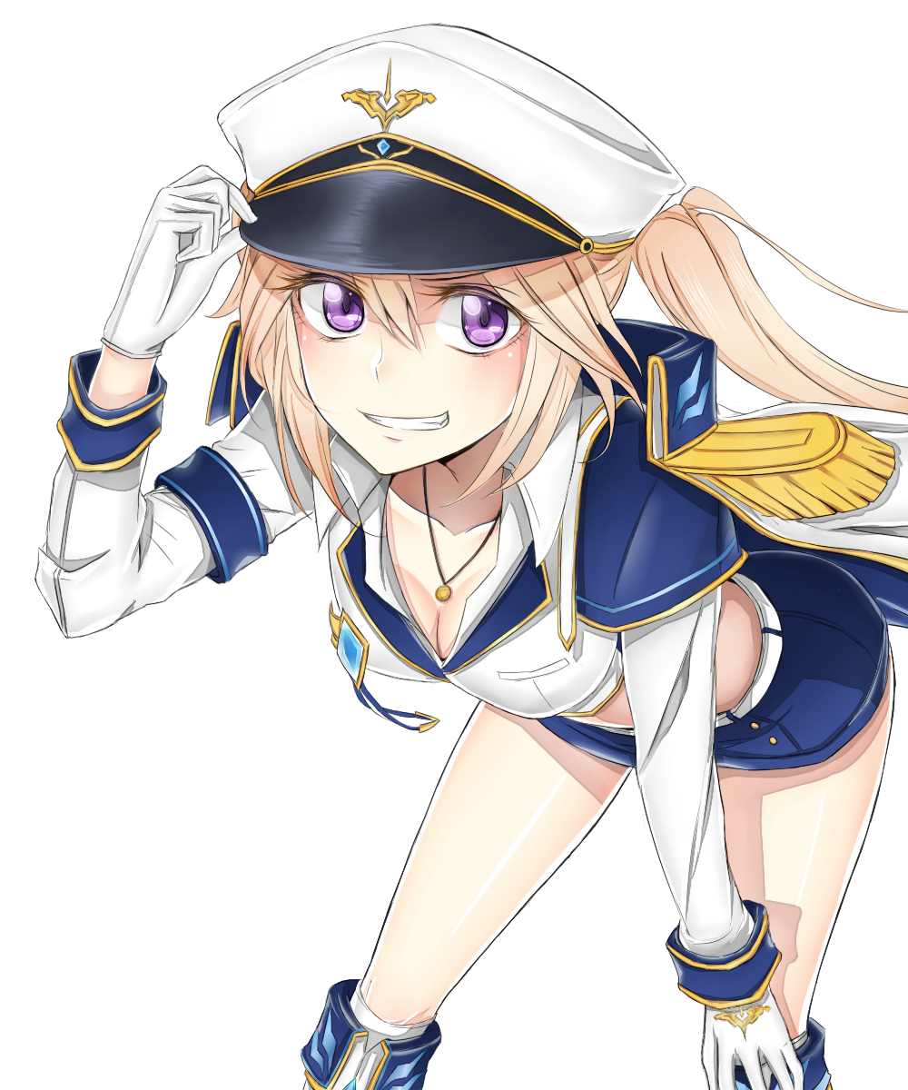 1girl, adjusting_clothes, adjusting_hat, armband, blonde_hair, boots, breasts, character_request