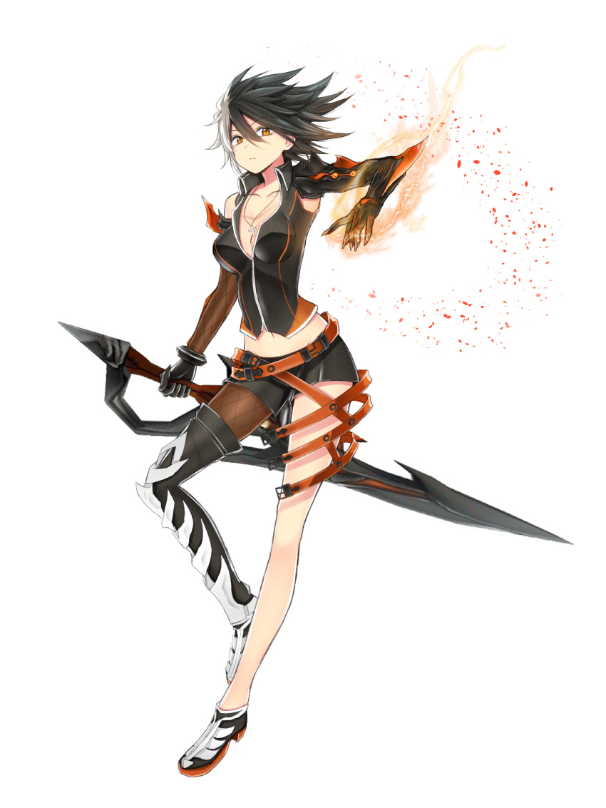 >:(, 1girl, aura, bangs, black_gloves, black_hair, black_legwear, black_shoes