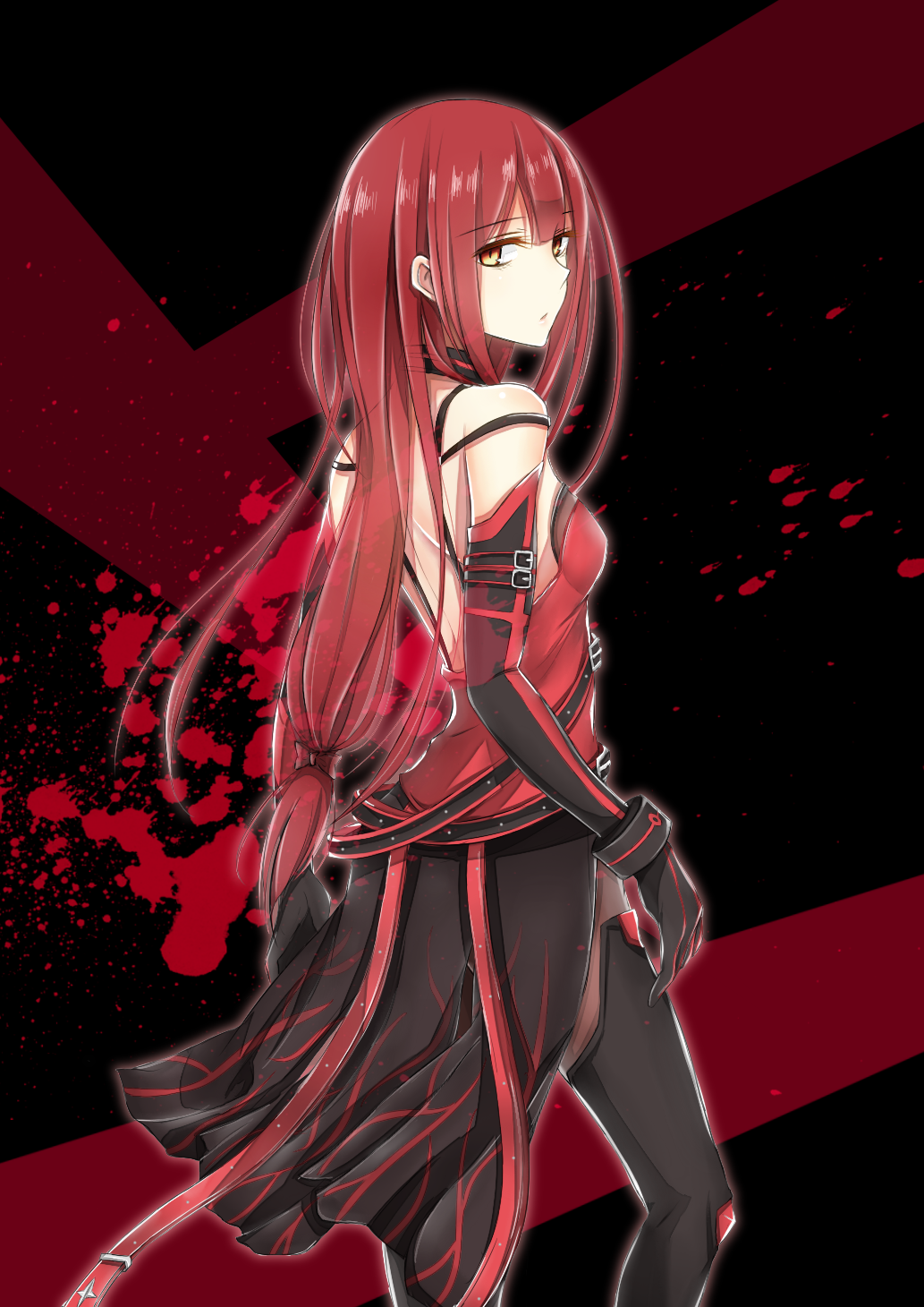 1girl, arm_strap, back, bangs, bare_shoulders, black_gloves, black_legwear, blood