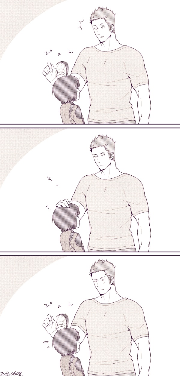 /\/\/\, 1boy, 1girl, 2016, :|, ?, ahoge, amatori_chika, arm_at_side, back, bangs, blunt_bangs, blush, bob_cut, closed_mouth, comic, dated, hand_on_another's_head, height_difference, highres, kizaki_reiji, looking_at_another, looking_at_viewer, monochrome, motion_lines, nanakusa_kayu, shirt, short_hair, short_sleeves, surprised, t-shirt, uniform, world_trigger