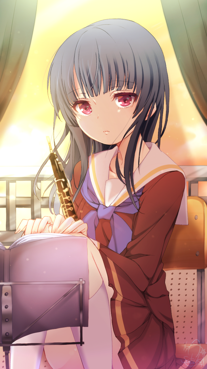 1girl, black_hair, book, hibike!_euphonium, highres, instrument, long_hair, looking_at_viewer