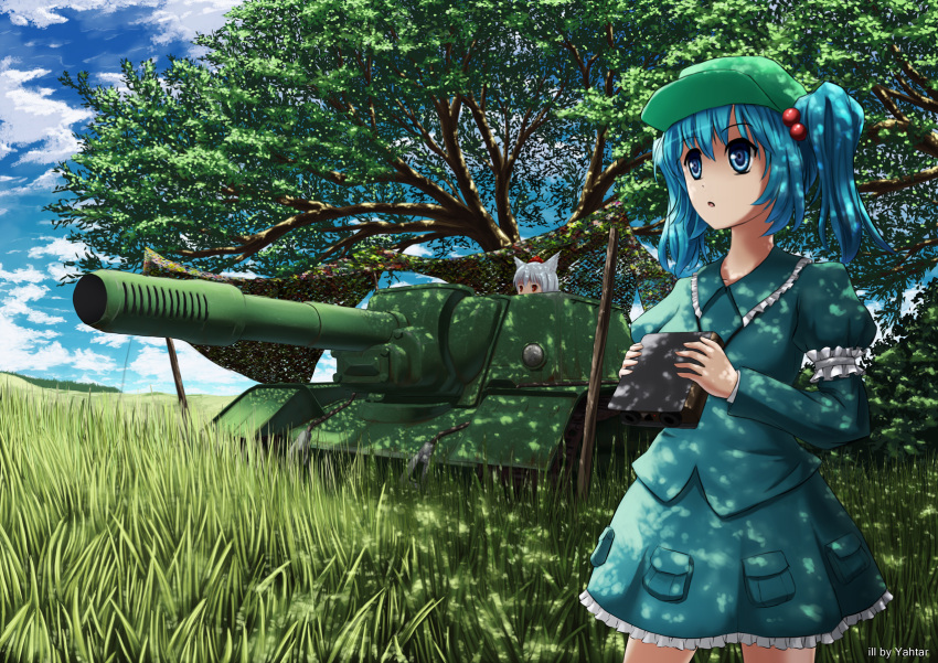 2girls, :o, animal_ears, arm_garter, artist_name, binoculars, blue_dress, blue_eyes, blue_hair, blue_shirt, blue_sky, branch, bush, camouflage, cannon, caterpillar_tracks, clouds, cloudy_sky, collarbone, collared_shirt, cowboy_shot, dress, dress_shirt, eyebrows, eyebrows_visible_through_hair, frilled_shirt_collar, frilled_skirt, frills, grass, ground_vehicle, hair_between_eyes, hair_bobbles, hair_ornament, hat, highres, inubashiri_momiji, kawashiro_nitori, leaf, long_sleeves, meadow, military, military_vehicle, motor_vehicle, multiple_girls, net, on_vehicle, open_mouth, plant, pocket, red_eyes, scenery, shirt, short_hair, skirt, skirt_set, sky, su-152, tank, tokin_hat, touhou, tree, two_side_up, vehicle, white_hair, wolf_ears
