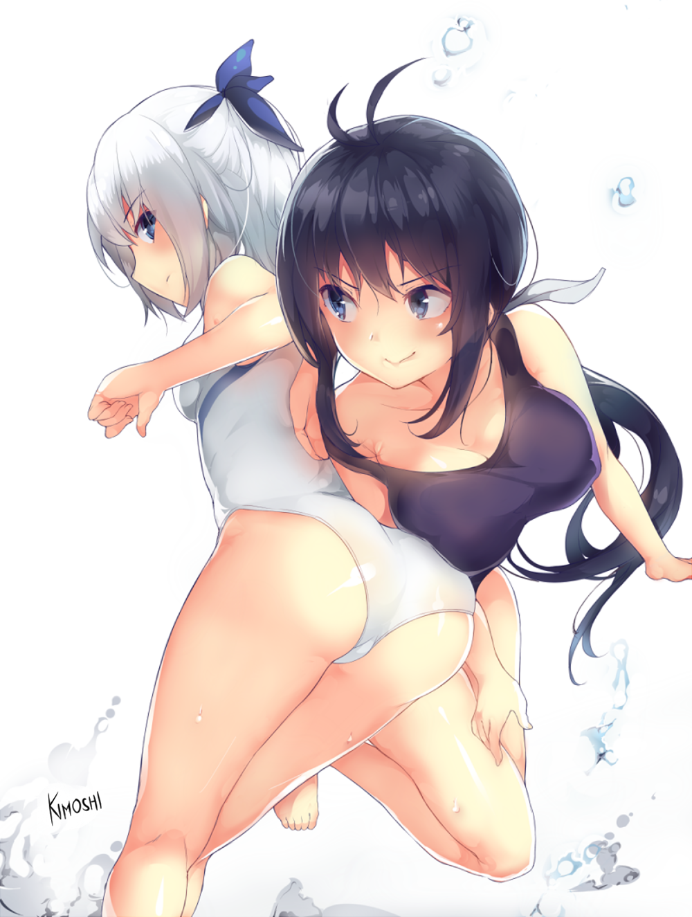2girls, antenna_hair, ass, black_hair, blue_eyes, breasts, competition_swimsuit, deru06