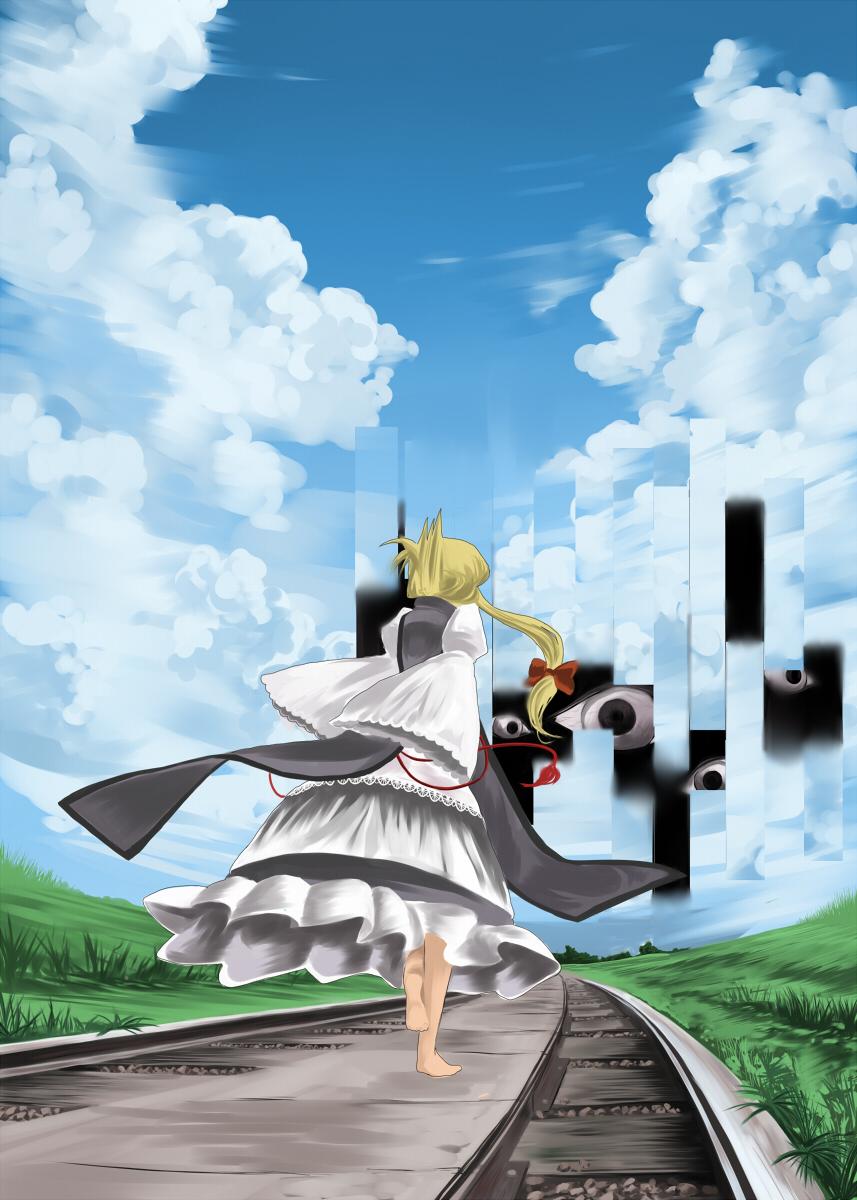 bleach, blonde_hair, bow, cloud, clouds, gap, garganta, garnet