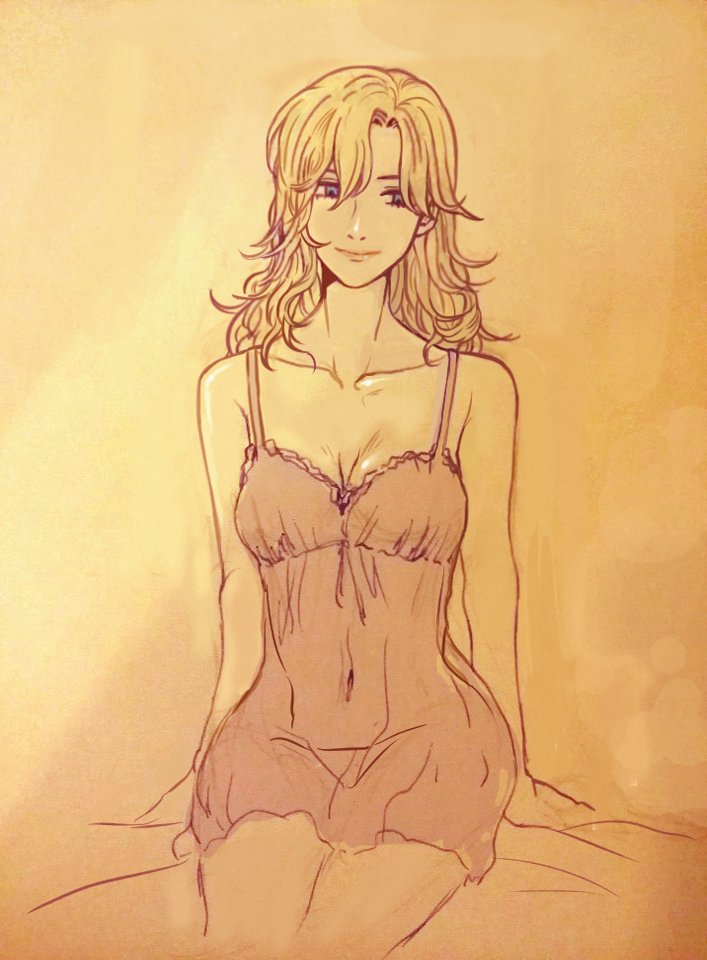 alternate_hairstyle, arms_at_sides, bangs, bare_shoulders, blonde_hair, blue_eyes, bosong_beoseot, breasts