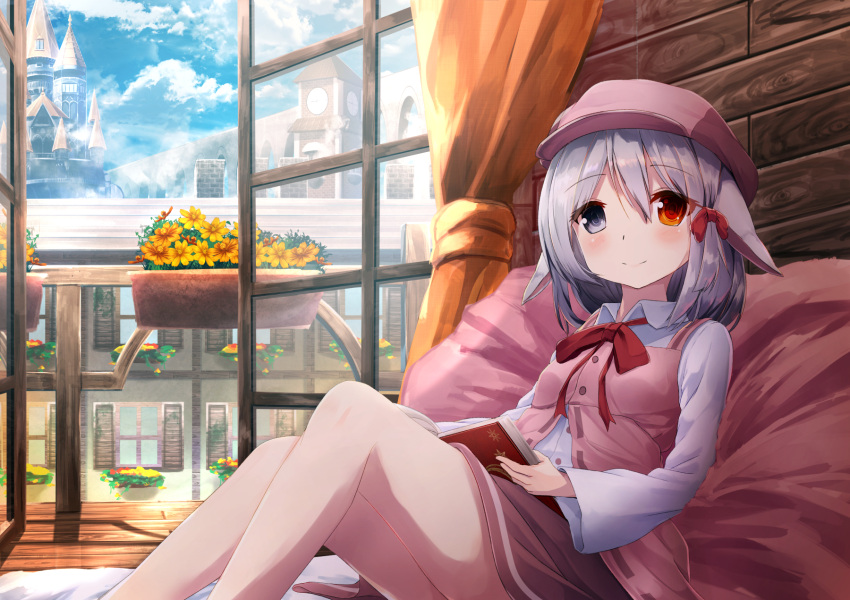1girl, animal_ears, balcony, banister, blush, book, book_on_lap, bow