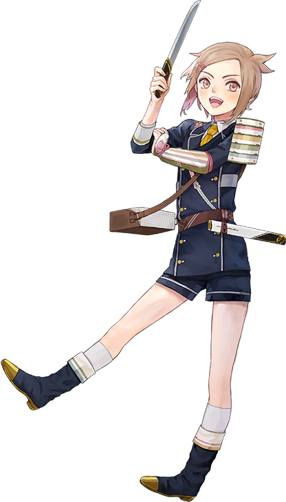 1boy, :d, armor, bag, brown_eyes, brown_hair, hair_ornament, hairclip