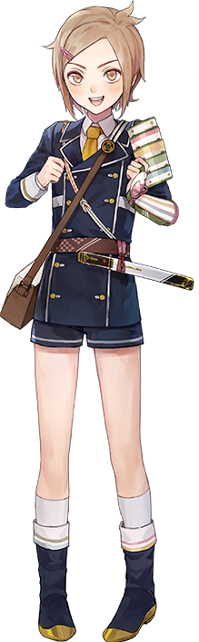 1boy, armor, bag, brown_eyes, brown_hair, hair_ornament, hairclip, houchou_toushirou, japanese_armor, kote, kumita_(sumica), male_focus, messenger_bag, military, military_uniform, necktie, official_art, open_mouth, shorts, shoulder_bag, smile, sode, solo, tantou, touken_ranbu, uniform