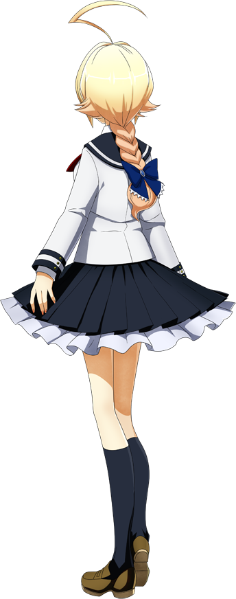 1girl, ahoge, blonde_hair, blue_legwear, braid, es_(xblaze_code:_embryo), facing_away, frills