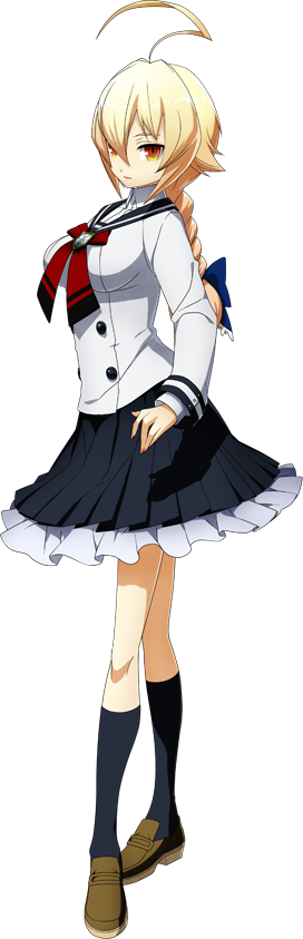 1girl, ahoge, blonde_hair, blue_legwear, bow, braid, breasts, es_(xblaze_code:_embryo)