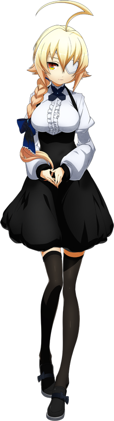 1girl, ahoge, black_legwear, blonde_hair, bow, braid, breasts, es_(xblaze_code:_embryo), eyepatch, hair_bow, hands_together, higuchi_konomi, kneehighs, long_sleeves, orange_eyes, single_braid, xblaze, xblaze_lost:_memories