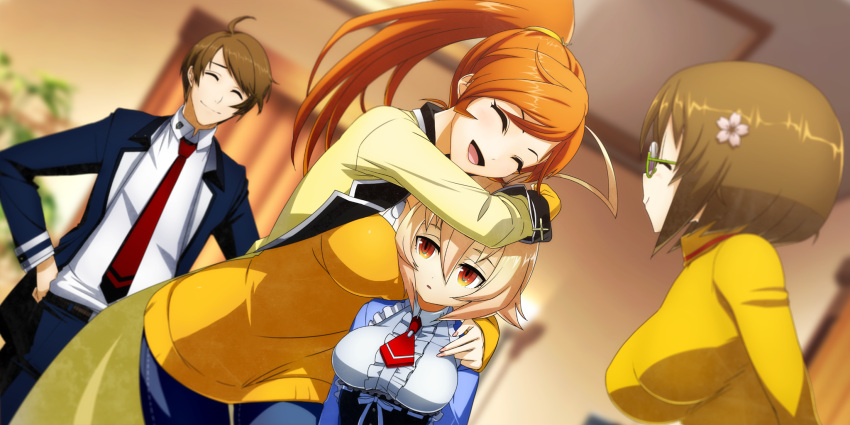 1boy, 3girls, ahoge, blonde_hair, breasts, closed_eyes, es_(xblaze_code:_embryo), hair_ornament