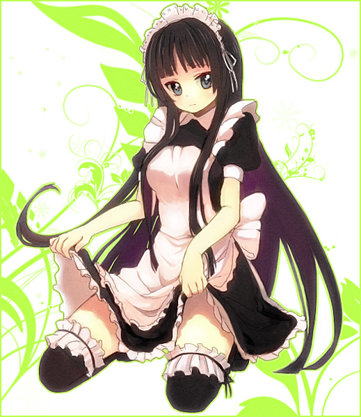 alternate_costume, bad_id, black_eyes, black_hair, dress, dress_lift, enmaided, garters