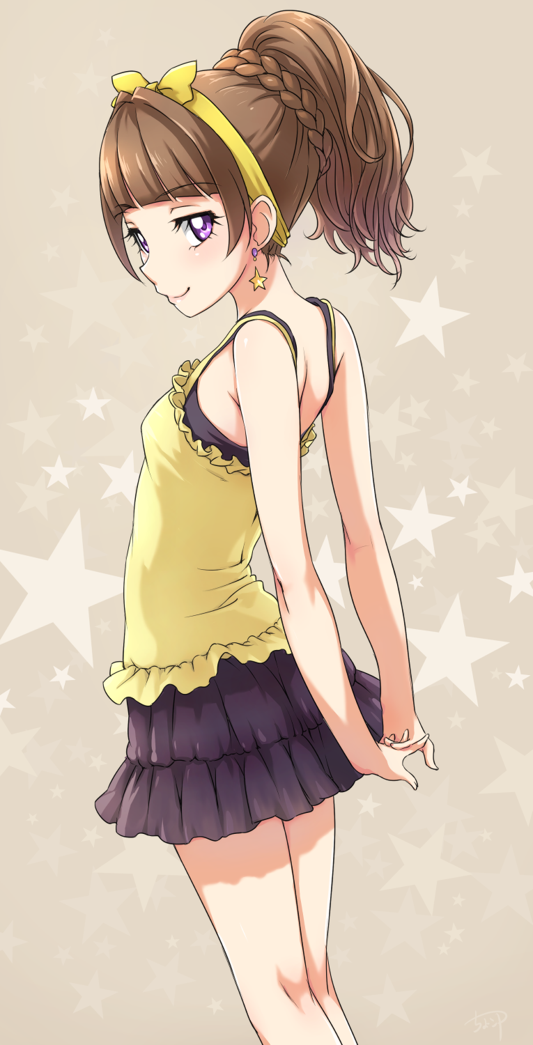 1girl, alternate_hairstyle, amanogawa_kirara, arms_behind_back, brown_background, brown_hair, chocokin, earrings
