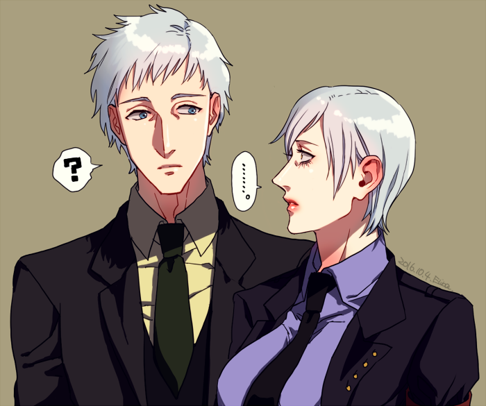 1boy, 1girl, ?, bangs, blue_eyes, elina_kuroe_no_daarin, formal, hachijou_tooya
