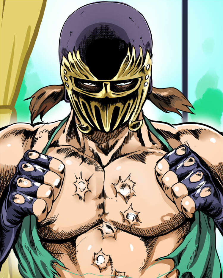 fingerless_gloves, genderswap, gloves, hara_tetsuo_(style), hinako_(issho_ni_training), hokuto_no_ken, issho_ni_training, jagi, male, manly, mask, muscle, nakasone_haiji, open_clothes, open_shirt, parody, say_my_name, shirt, style_parody, torn_clothes, twintails