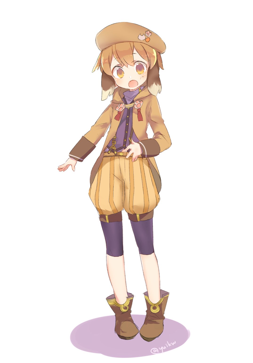1boy, animal_ears, beret, blush, boots, brown_hair, dog_ears, hat