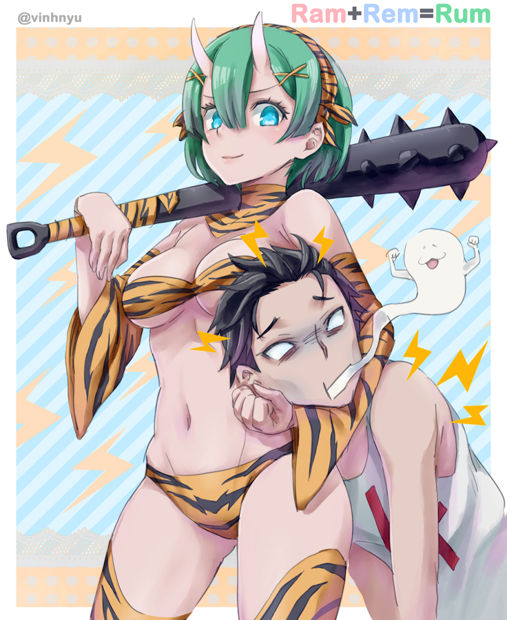 1boy, 1girl, bikini, club, cosplay, detached_collar, detached_sleeves, fusion