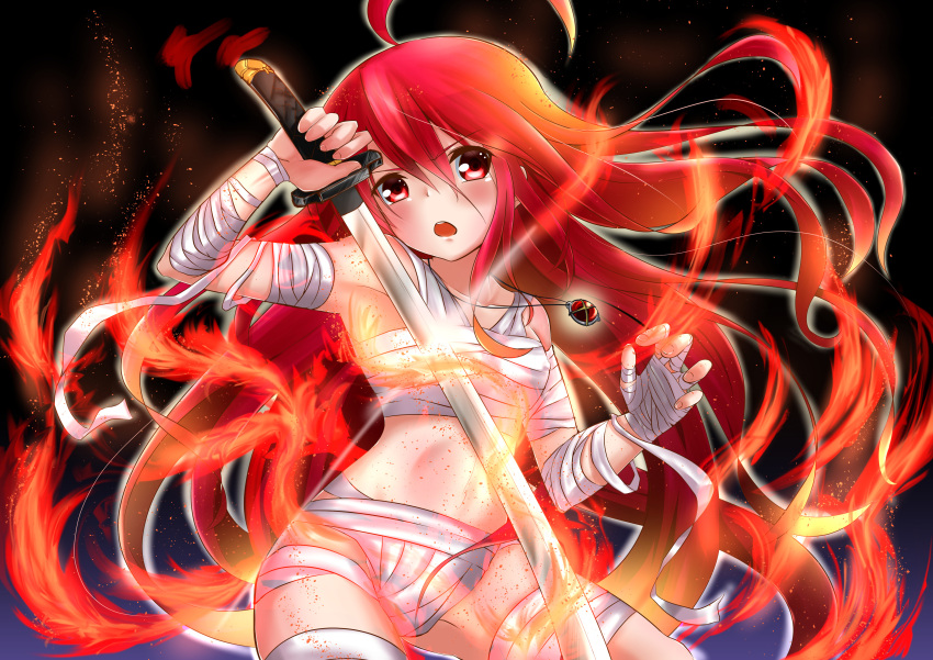 1girl, absurdres, ahoge, alastor_(shakugan_no_shana), bandages, fire, hair_between_eyes, highres
