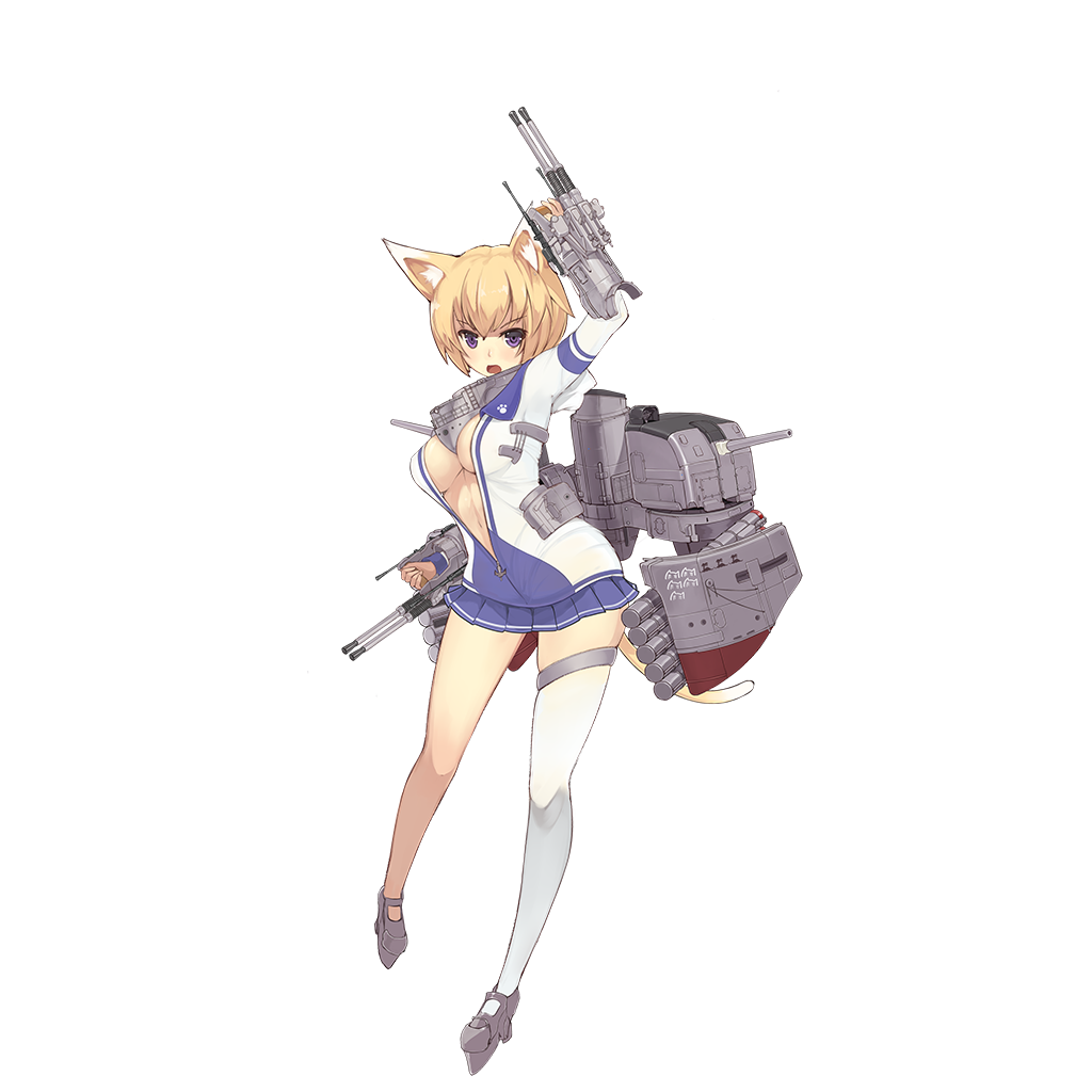 1girl, animal_ears, arm_up, blonde_hair, blue_skirt, blush, breasts, cannon