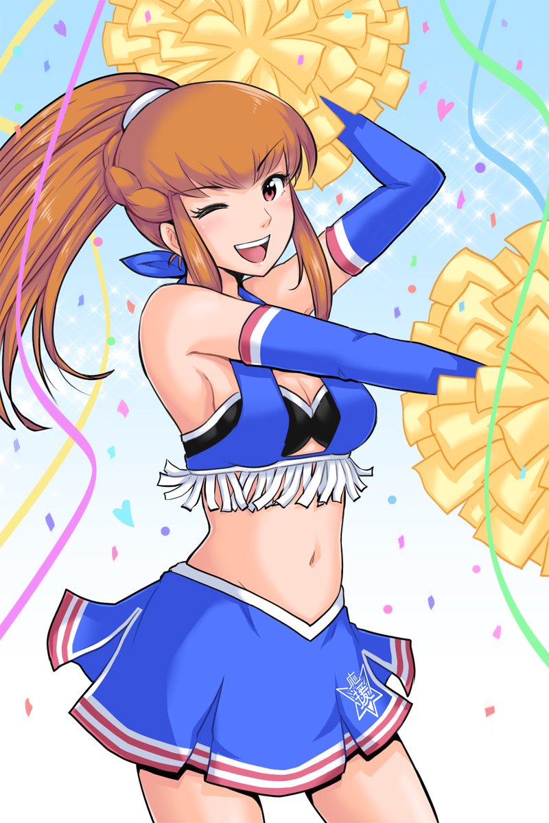 1girl, :d, amemiya_sayaka, blush, breasts, brown_eyes, brown_hair, cheerleader