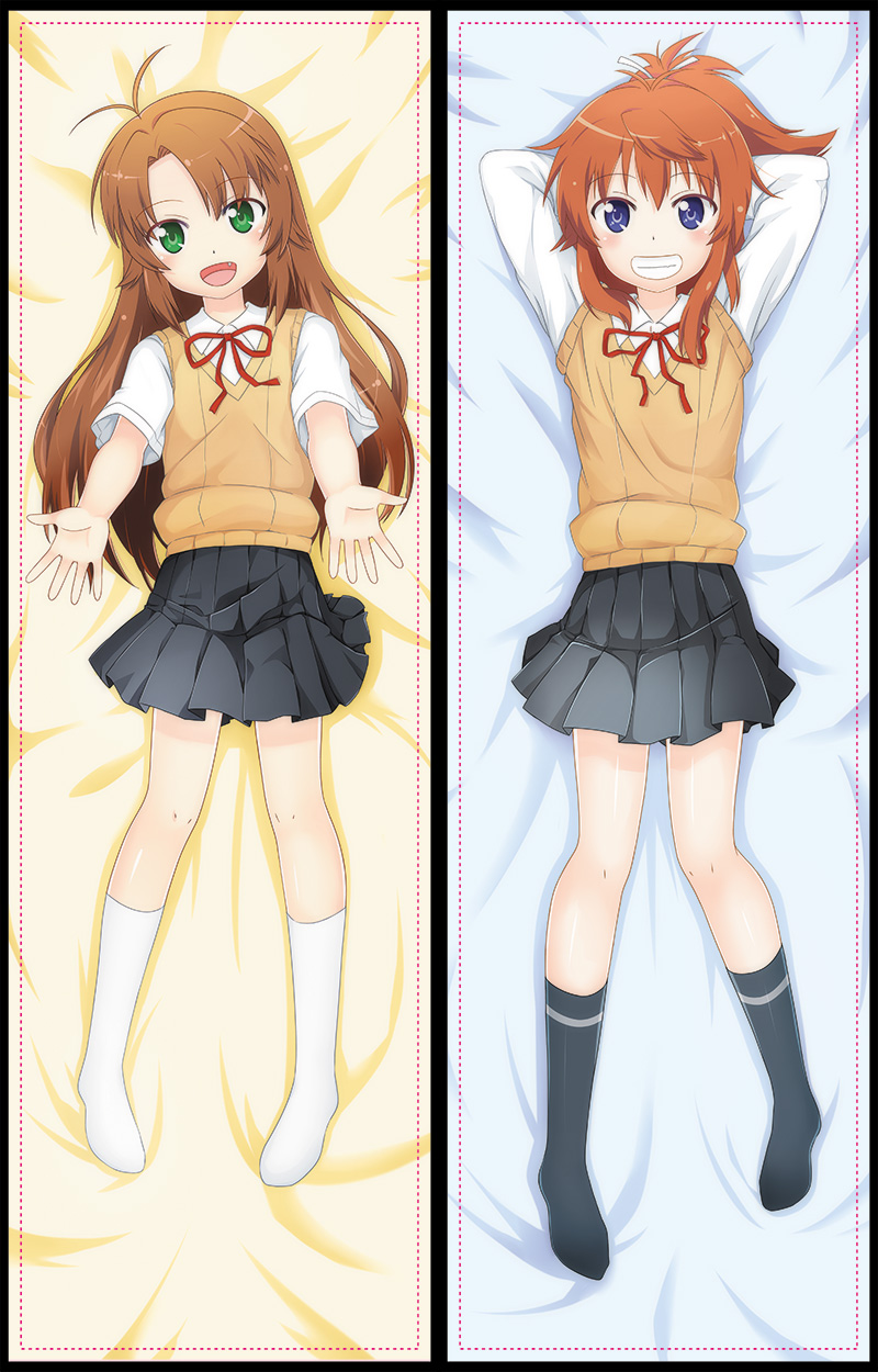 2girls, :d, aikousha_(ico-sha), antenna_hair, arms_behind_head, arms_up, black_legwear, black_skirt