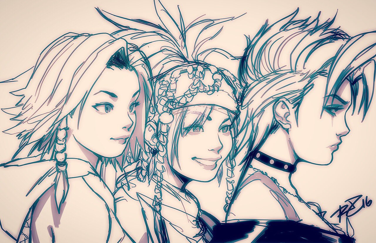 3girls, bandana, beads, choker, final_fantasy, final_fantasy_x, final_fantasy_x-2, greyscale