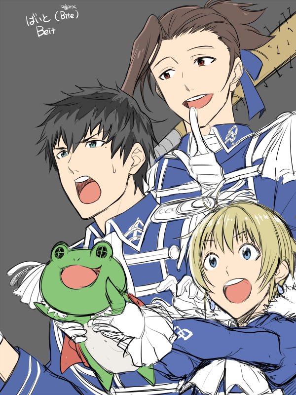 3boys, :3, baseball_bat, beit, blue_eyes, brown_eyes, brown_hair, cape, earrings, epaulettes, finger_to_mouth, gloves, grey_hair, hifumi_(3b_x), idolmaster, idolmaster_side-m, jewelry, kaeru_(idolmaster), mole, mole_under_eye, multiple_boys, nail, nail_bat, open_mouth, pierre_(idolmaster), ponytail, stuffed_animal, stuffed_frog, stuffed_toy, sweatdrop, takajou_kyouji, upper_body, watanabe_minori, white_gloves