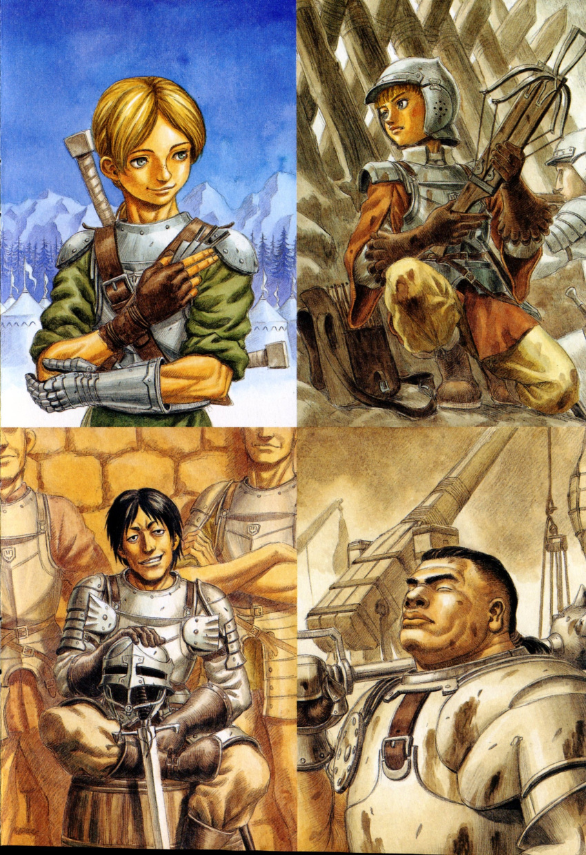 6+boys, absurdres, armor, barrel, berserk, black_hair, blonde_hair, boots