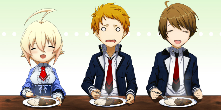 1girl, 2boys, :d, ahoge, blonde_hair, brown_hair, closed_eyes, curry