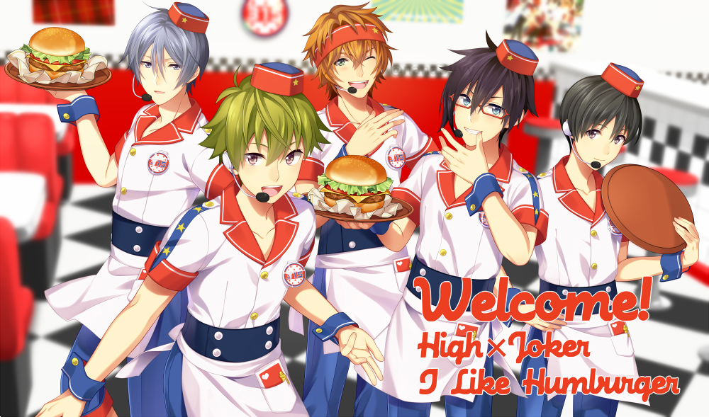 5boys, ;), ;d, adapted_costume, akiyama_hayato, apron, black_hair, burger_skater_(idolmaster), checkered, checkered_floor, diner, food, fuyumi_jun, glasses, green_hair, hamburger, headset, high_x_joker, idolmaster, idolmaster_side-m, iseya_shiki, male_focus, multiple_boys, nanamiya, one_eye_closed, open_mouth, orange_hair, red-framed_eyewear, sakaki_natsuki, silver_hair, smile, sweatband, tray, waiter, wakazato_haruna, wrist_cuffs