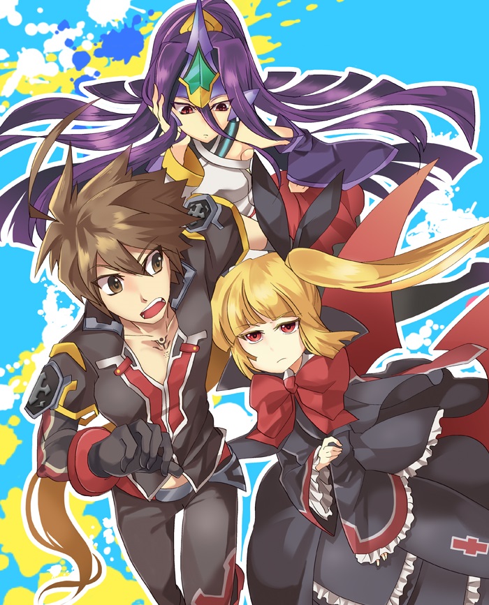 1boy, 2girls, ahoge, artist_request, black_dress, blazblue, blazblue:_central_fiction, blonde_hair, bow, bowtie, brown_eyes, brown_hair, crown, dress, gloves, hair_ribbon, hand_in_hair, long_hair, looking_down, mikado_(blazblue), multiple_girls, naoto_kurogane, ponytail, rachel_alucard, red_eyes, ribbon, shrine_maiden, spiky_hair, tied_hair, twintails, violet_eyes