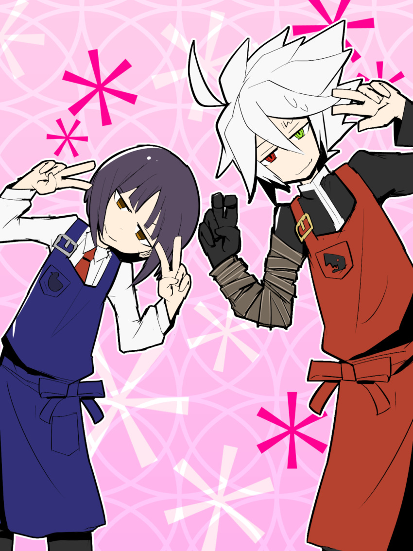 2boys, ahoge, apron, black_hair, blazblue, dead_spike, gloves, green_eyes