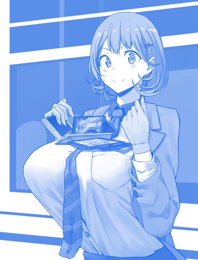 1girl, breasts, cellphone, gloves, hair_ornament, hairclip, heart_hair_ornament, large_breasts, looking_at_viewer, monochrome, narusawa_ryouka, necktie, noccu, occultic;nine, parody, phone, pokent, short_hair, smartphone, smile, solo, style_parody