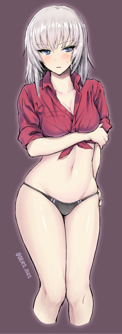 1girl, black_panties, blue_eyes, blush, breast_hold, breasts, cleavage, cropped_legs