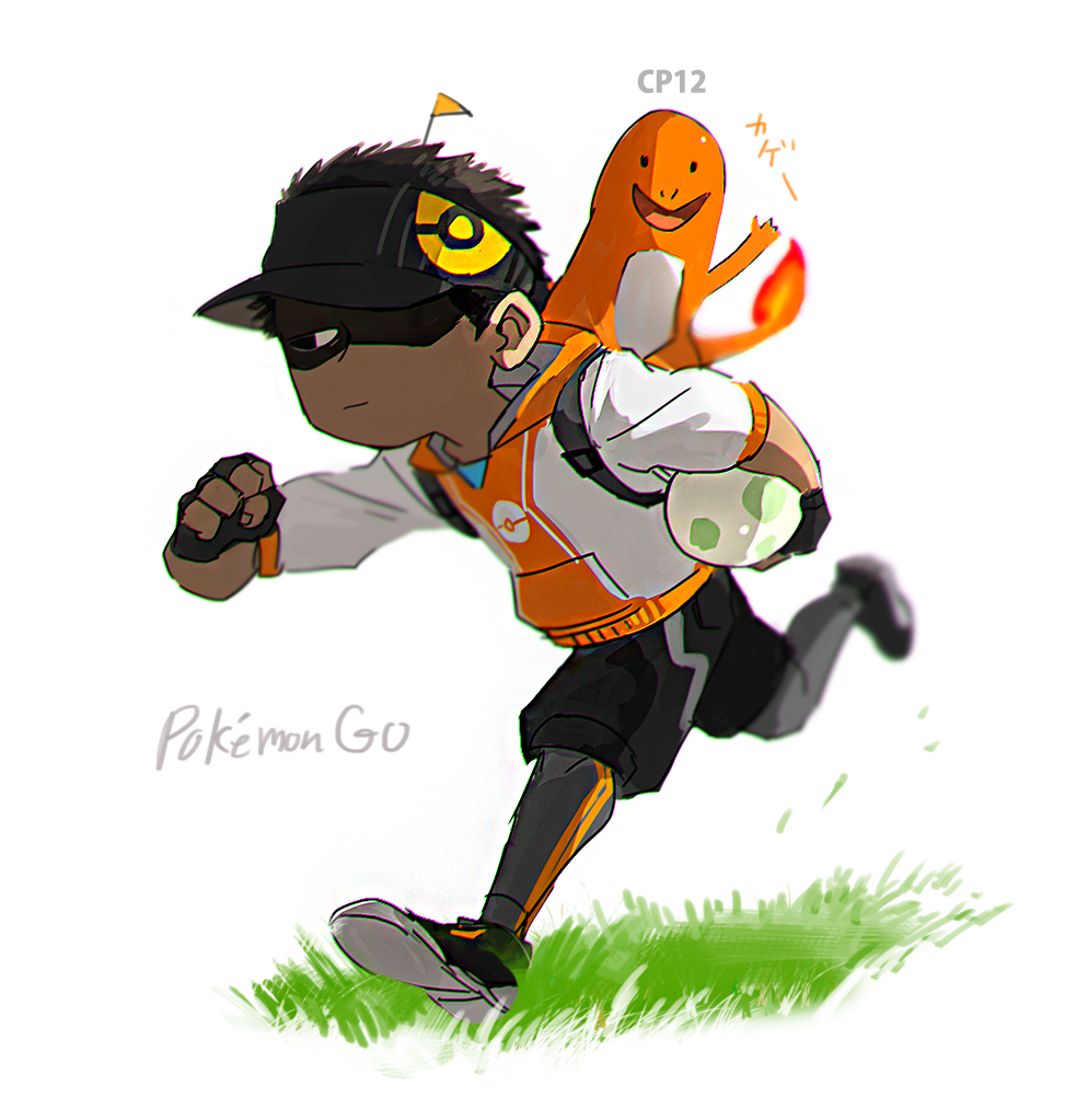 1boy, artist_self-insert, backpack, bag, black_hair, carrying_under_arm, charmander, clenched_hand