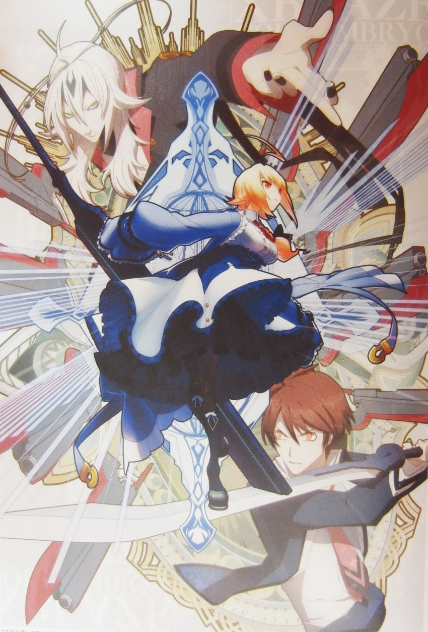 1girl, 2boys, ahoge, alternate_eye_color, black_nails, blade, blonde_hair, blue_dress