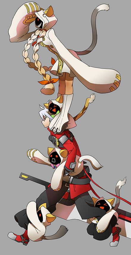 1boy, baggy_pants, beltskirt, black_pants, blazblue, cat, gloves, hanging