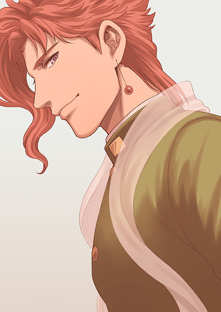 1boy, earrings, flesh_bud, from_side, gakuran, jewelry, jojo_no_kimyou_na_bouken, kakyouin_noriaki, lanxjourney, male_focus, profile, redhead, sash, school_uniform, smile, solo, transparent, upper_body, violet_eyes