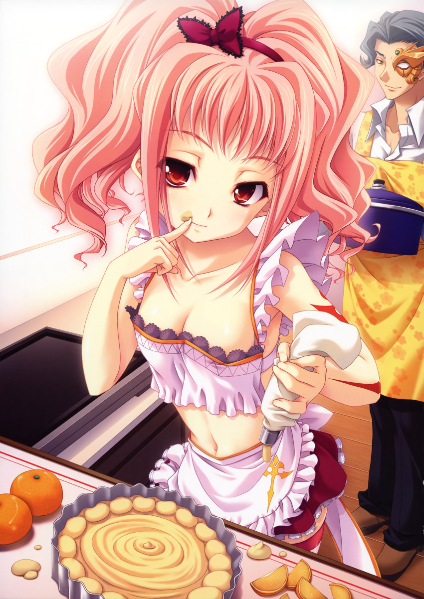 1girl, absurdres, anya_alstreim, apron, breasts, cleavage, code_geass, code_geass_heroine_tribute, collarbone, finger_to_mouth, food, frosting, fruit, highres, icing, jeremiah_gottwald, midriff, miyama-zero, navel, orange, pastry_bag, pink_hair, red_eyes, thighhighs