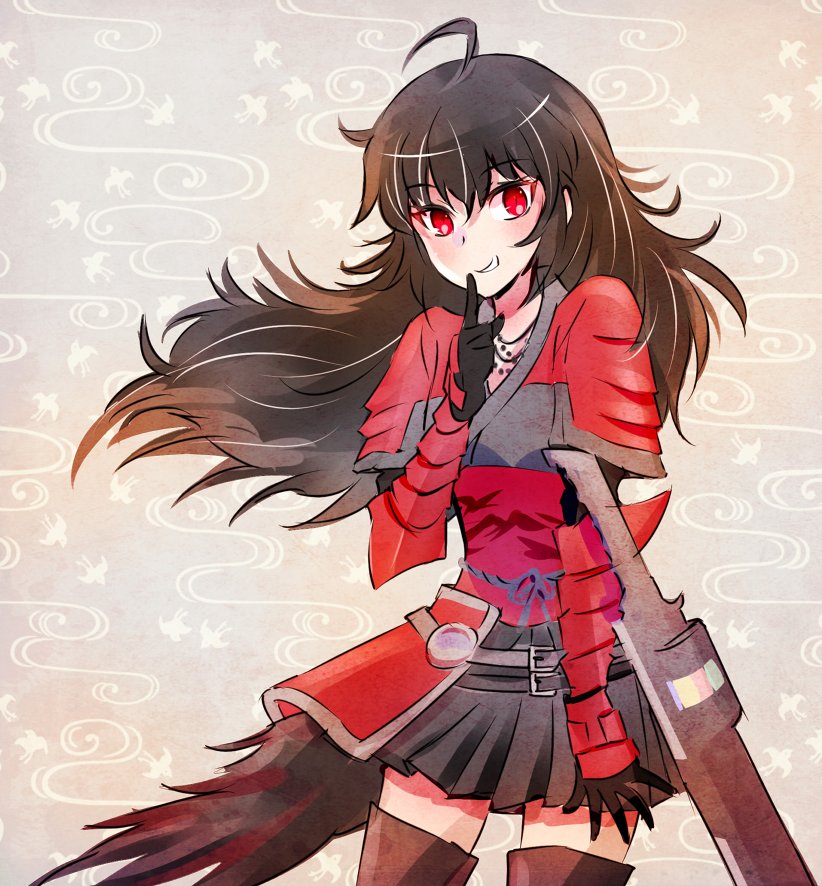 1girl, black_hair, black_skirt, commentary, commentary_request, finger_to_mouth, grin, iesupa, raven_branwen, red_eyes, rwby, skirt, smile, translation_request