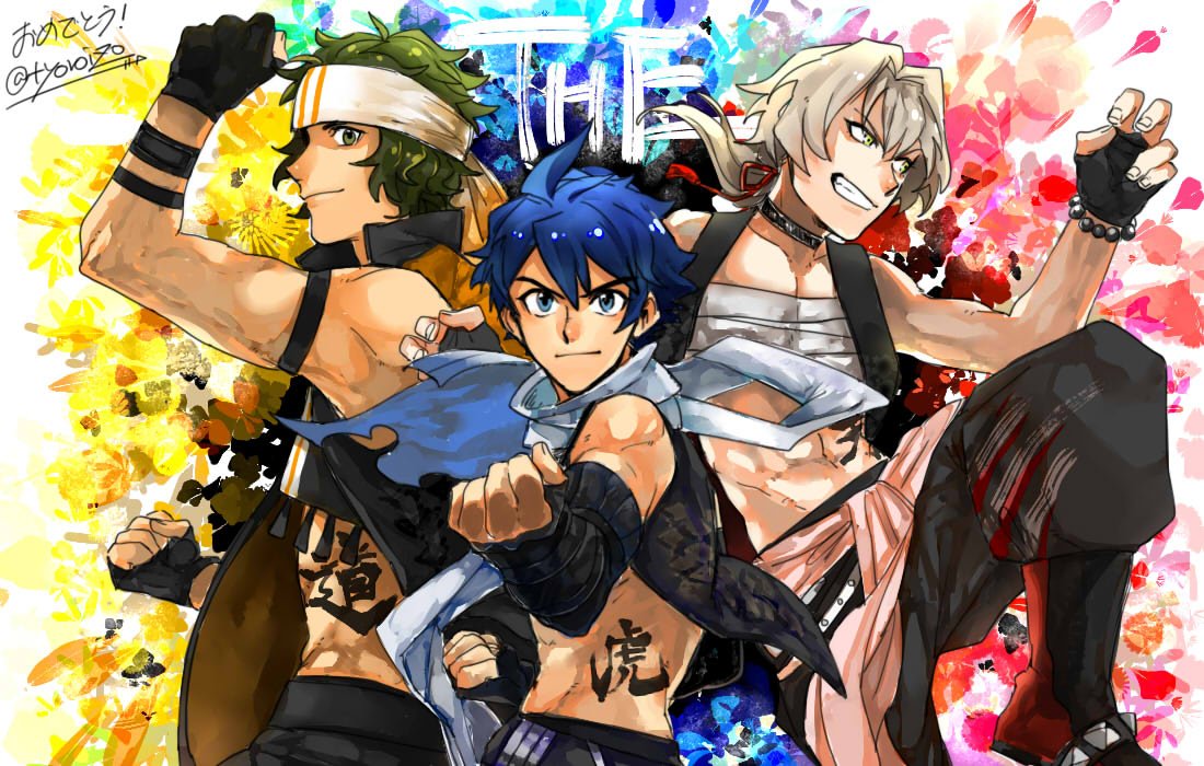 3boys, bandana, bare_shoulders, bead_bracelet, beads, blue_eyes, blue_hair, body_writing, bracelet, chorota, enjouji_michiru, fighting_stance, green_eyes, green_hair, idol, idolmaster, idolmaster_side-m, jewelry, kanji, kizaki_ren, leg_up, male_focus, multiple_boys, ponytail, sarashi, sash, scarf, silver_hair, smile, taiga_takeru, tan, the_kogado, twitter_username, wavy_hair, yellow_eyes