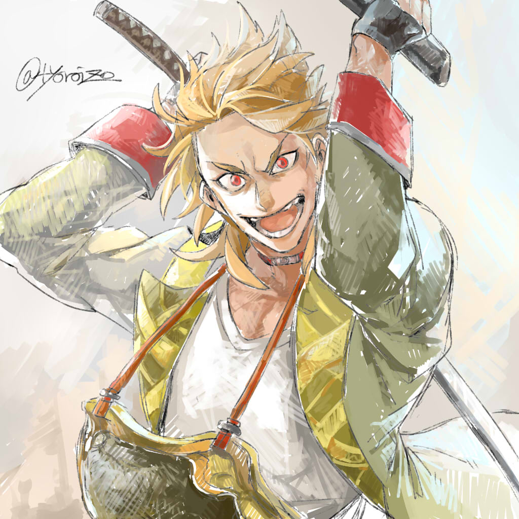 1boy, :d, armor, chorota, coat, fingerless_gloves, gloves, japanese_armor