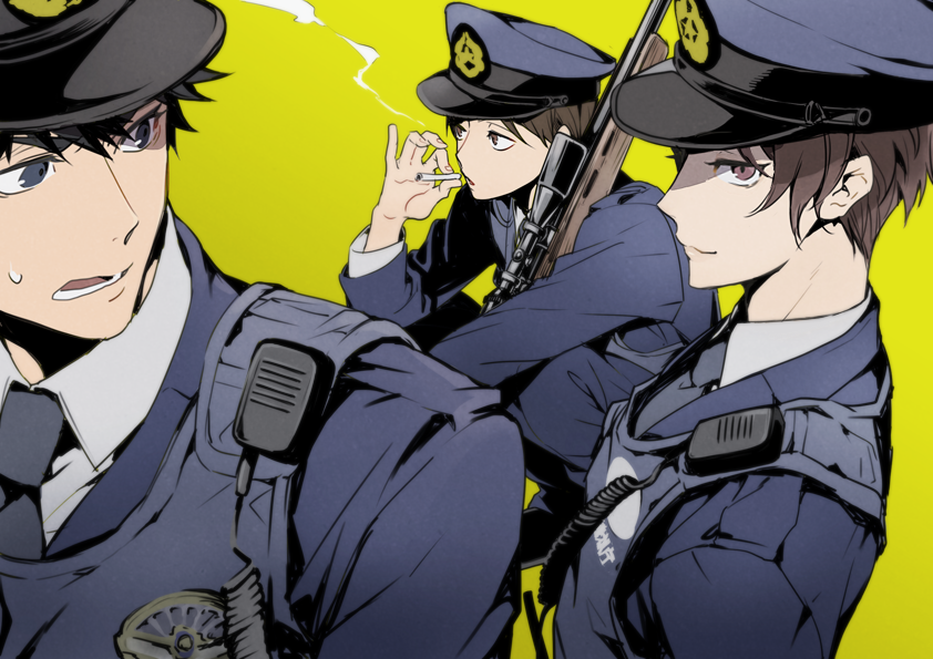 3boys, black_hair, blue_eyes, brown_eyes, cigarette, contemporary, gun, hat